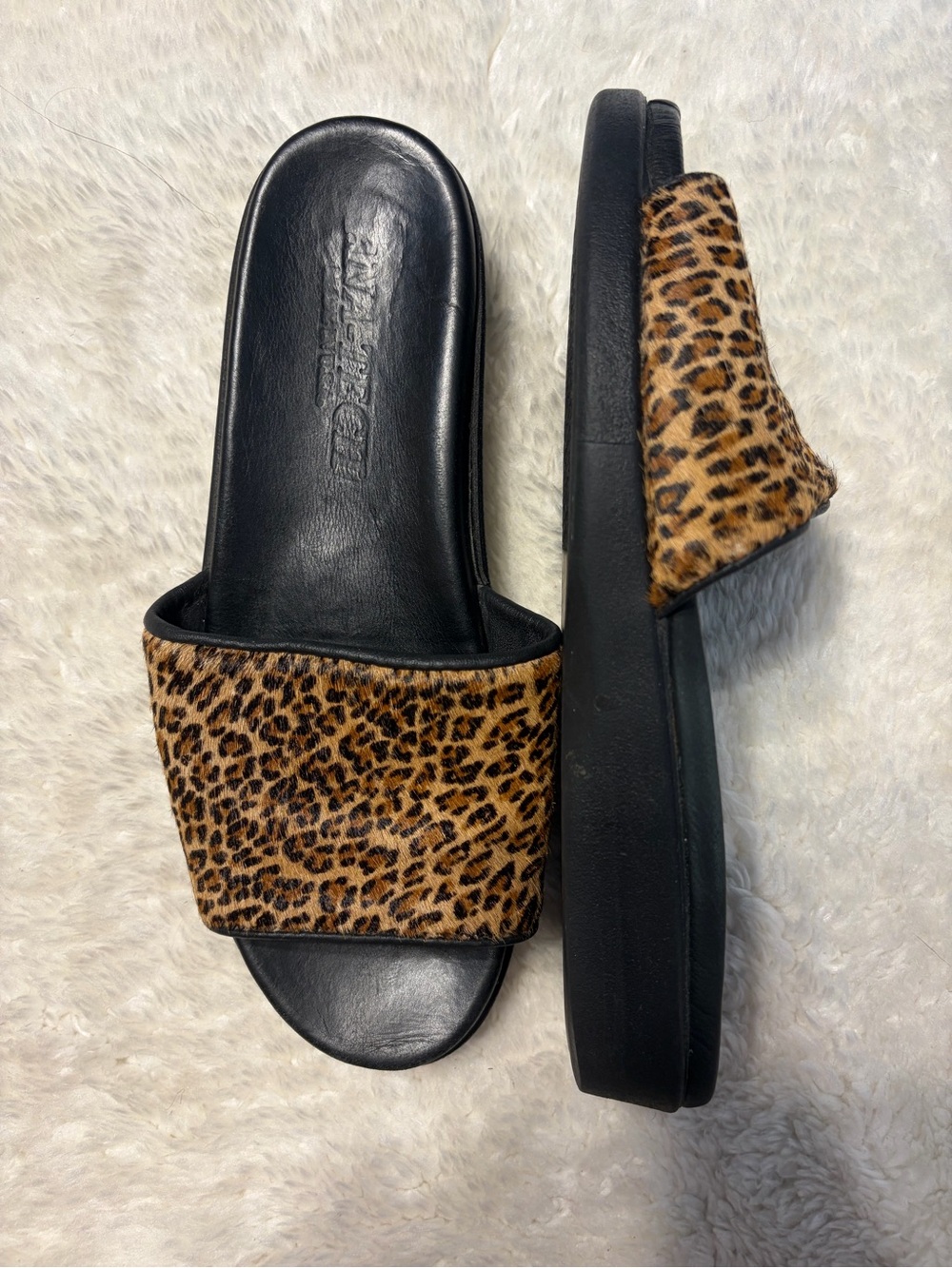 Ana-Tech leopard print calf hair black leather orthopedic slide sandals